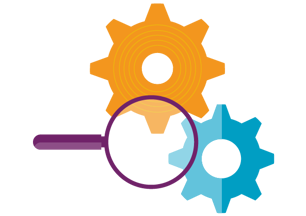Illustrative design of two cogs with a magnifying glass in the foreground